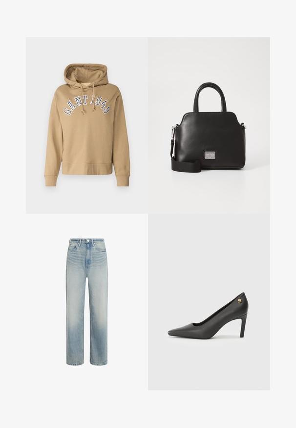 Kapucnis bézs pulóver, zsinórral, az "GANT 1949" kék hímzéssel a mellkas fölött. Puha anyag, bordás mandzsetták és alsó szegély.; Világoskék farmernadrág egyenes szabással, magas derékkal és kopott textúrával. Elöl gombos zárással és klasszikus öt zsebes kialakítással rendelkezik.; Fekete lakkbőr magassarkú cipő, hegyes orral, kis arany logóval a saroknál. Simább textúra, elegáns dizájn.; Fekete szintetikus kézitáska, felső fogantyúkkal, levehető vállpánttal, kerek formával, sima textúrával és ezüst logóval az elején.