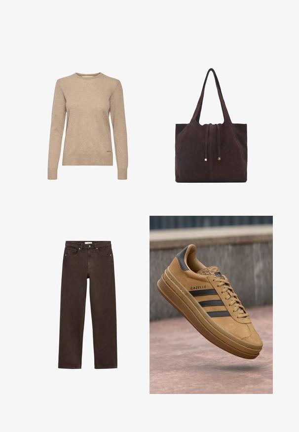 Bež džemper s dugim rukavima i okruglim izrezom, napravljen od mekog, teksturiranog materijala, s suptilnim logotipom blizu rubnog šava.; Smeđe široke traperice izrađene od denima, s klasičnim dizajnom pet džepova, kopčanjem na dugme i suptilnim detaljima šivanja.; Smeđe nubuk tenisice s glatkom teksturom, s tri tamne pruge, zaobljenim vrhom i debljom potplatom s uzorkom na rubu.; Mango Velika torba - dark brown