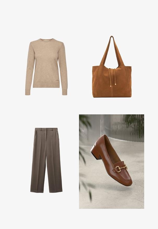 Maglione beige a maniche lunghe con scollo rotondo, realizzato in tessuto morbido e testurizzato, con un accento del logo discreto vicino all'orlo.; Pantaloni a gamba larga in tessuto marrone tenue con trama liscia, dotati di due tasche frontali e una cintura su misura.; Mocassino in pelle verniciata marrone con punta quadrata, accentato da catena metallica e tacco basso; texture liscia, design minimalista.; Borsa a tracolla in suede marrone con due lunghe cinghie, chiusura con cordoncino e design minimalista. Texture liscia e senza elementi hardware visibili.