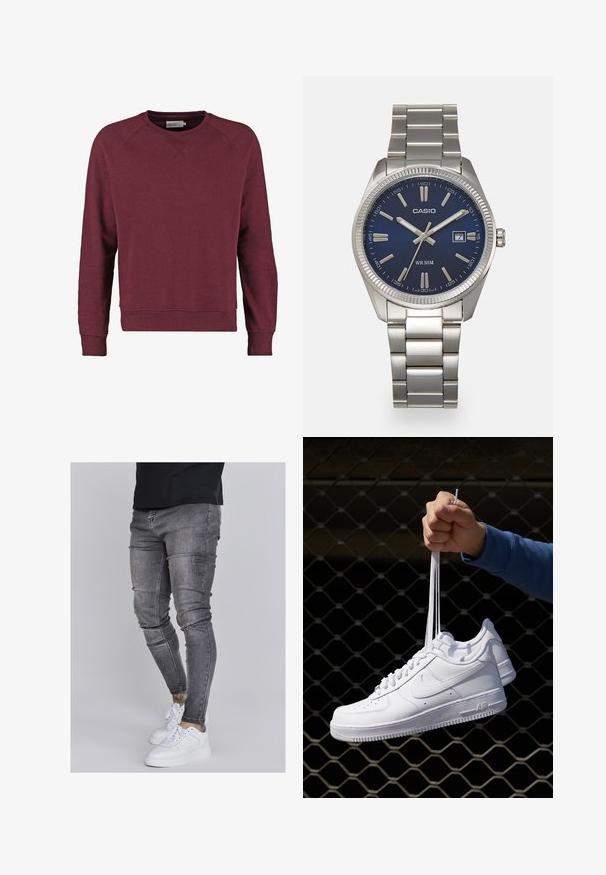 Burgundská mikina s okrúhlym výstrihom, raglánovými rukávmi, rebrovanými manžetami a spodným lemom, vyrobená z mäkkej zmesi bavlny.; Chudé džínsy v bledom šedom denime s obnosnými detailmi na kolenách, skombinované s bielymi teniskami. Hladká textúra, úzky strih.; Biele kožené tenisky s perforáciami, okrúhlou špičkou, plochou podrážkou a hrubými šnúrkami, pričom majú viditeľné logo swoosh a nápis "AIR" na päte.; Strieborné nerezové hodinky s modrým ciferníkom, kovovými hodinovými značkami a dátumovým oknom na 3. hodine. Vodotesné do hĺbky 50 metrov.