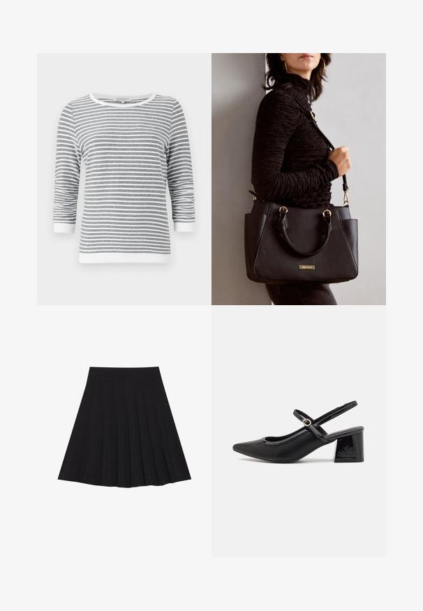 Gray and white horizontally striped long-sleeve shirt with 3/4 sleeves and white trim at cuffs, neckline, and hem.; Black pleated skirt made of textured fabric with a fitted waistband. Falls to knee length, featuring a smooth, clean silhouette.; Black patent leather slingback heels with a pointed toe, a rounded cutout design, and a block heel. Features a gold-tone buckle accent.; Black handbag with textured surface, dual top handles, and adjustable shoulder strap. Features gold-tone hardware and side pockets.