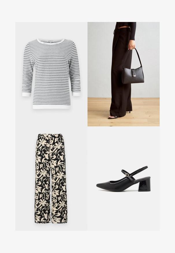 Maglietta a maniche lunghe a righe orizzontali grigie e bianche con maniche a tre quarti e bordo bianco sui polsini, sul collo e sull'orlo.; Pantaloni larghi neri con un motivo floreale crema. Realizzati in tessuto leggero, con una texture liscia e una vita alta.; Décolleté in vernice nera con cinturino dietro, punta affusolata, design con ritagli arrotondati e tacco a blocco. Presenta un accento di fibbia tono oro.; Borsa nera con forma strutturata, texture liscia e una chiusura metallica. Abbinata a pantaloni neri larghi e sandali open-toe su un pavimento in legno.
