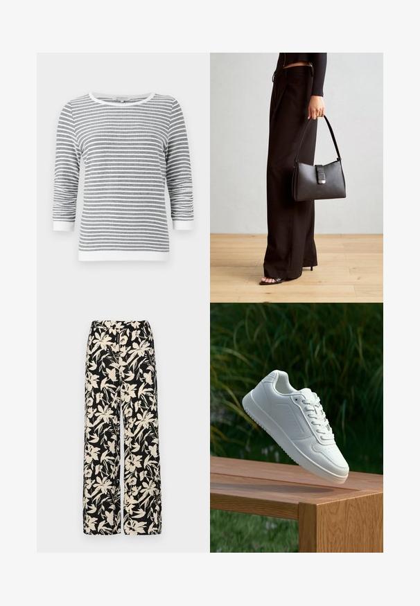 Szürke és fehér vízszintes csíkos hosszú ujjú póló, 3/4-es ujjakkal és fehér díszítéssel az ujjak végén, a nyaknál és a szegélyen.; Fekete, bő szárú nadrág krém színű virágmintával. Könnyű anyagból készült, sima tapintású és magas derékrésszel rendelkezik.; Fehér sportcipő sima szintetikus felsőrésszel, perforált lábujjrész, lapos fűzőkkel és texturált talppal, fából készült felületen kihelyezve.; Fekete kézi táska strukturált formával, sima textúrával és fémből készült záródással. Széles fekete nadrággal és nyitott orrú szandállal párosítva, fából készült padlón.