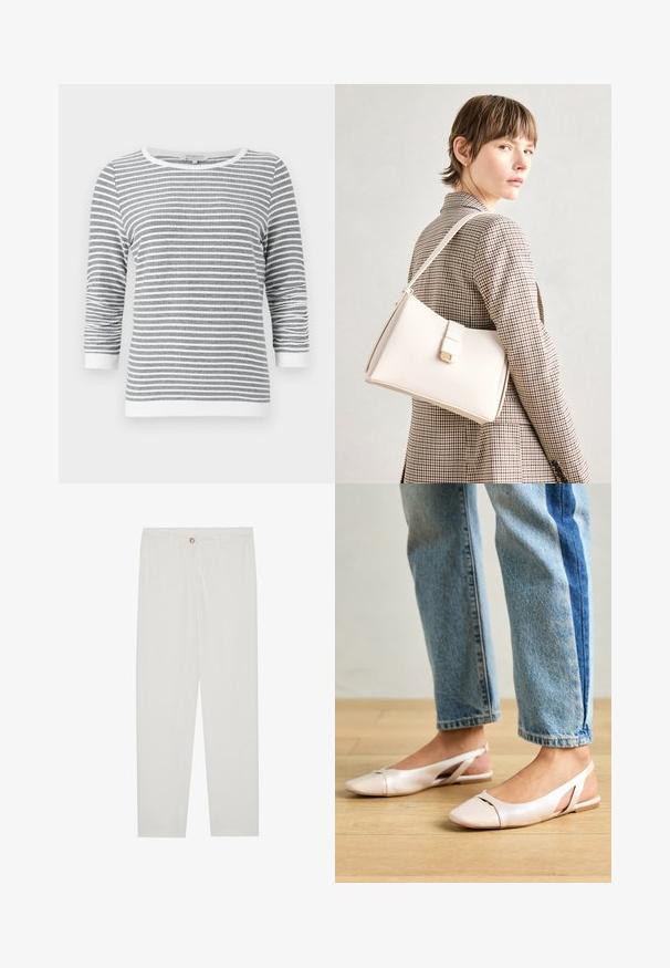 Siva in bela horizontally črtasta majica z dolgimi rokavi, z rokavi do 3/4 in belimi obrobami na manšetah, okrog vratu in na robu.; Bela, krojena hlače z ravnimi nogami, ki vključujejo gumbasto zapiranje, zanke za pas in stranske žepe; gladka tekstura tkanine.; Svijetloružičaste slingback balerinke s šiljastim nožnim prstima, napravljene od glatkog materijala nalik koži. Imaju izrezane detalje sa strane i ravne pete.; Bela usnjena torba s strukturirano zasnovo, opremljena z magnetnim zapiranjem in naramnico, prikazana na nevtralni ozadju.