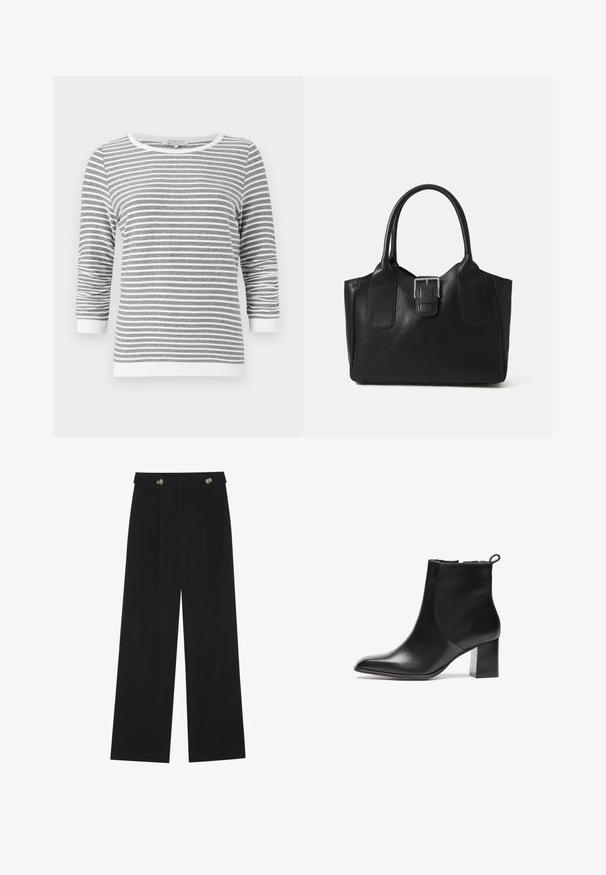 Gray and white horizontally striped long-sleeve shirt with 3/4 sleeves and white trim at cuffs, neckline, and hem.; Black wide-leg trousers with high waist, button details on waistband, and front pleats.; Black leather ankle boot with a rounded toe, a mid-height block heel, and a pull tab at the back. Smooth texture, minimal design.; Black leather tote bag with smooth texture, structured shape, two handles, and a prominent silver buckle detail on the front.