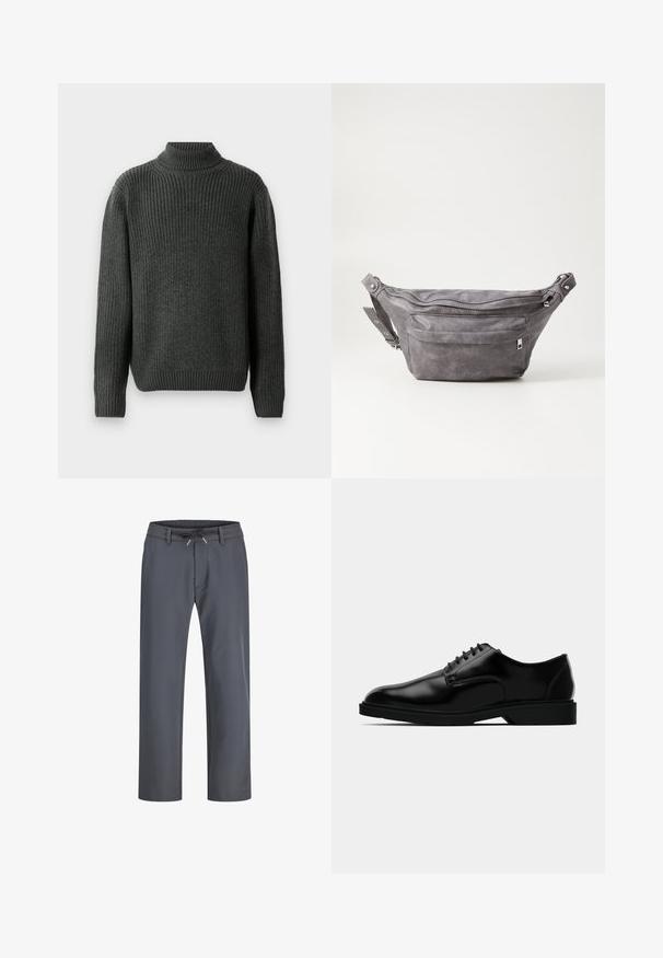 Pull à col roulé gris foncé en tricot avec texture côtelée, manches longues et bord inférieur ajusté. La vue arrière met en avant des détails de couture.; Pantalons gris à taille élastique avec cordon de serrage. Conception à jambes droites, fabriqués en tissu lisse, présentent des coutures minimales et aucun matériel visible.; Chaussure habillée en cuir noir avec une finition lisse, bout rond, système de laçage, et semelle en caoutchouc discrète pour une meilleure traction.; Sac banane en suède gris avec une forme arrondie, deux compartiments zippés et une sangle réglable. Comprend des accents en métal.