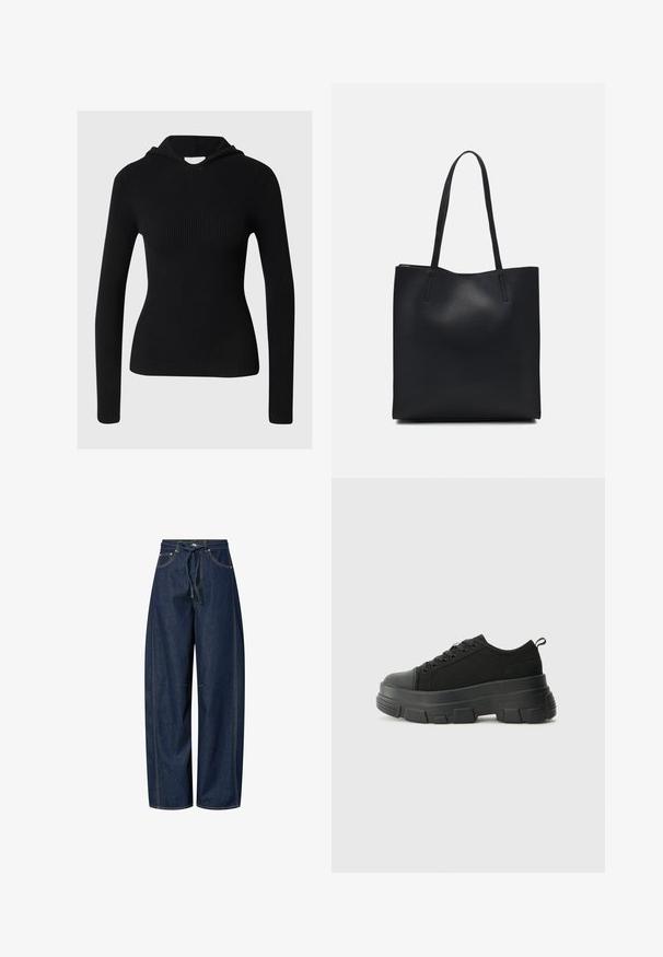Haut à capuche noir en côtes avec des manches longues, au design ajusté et à la texture tissée. Il présente une capuche classique et un col rond.; Pantalons en denim à jambes larges, de couleur bleu foncé, avec une taille à cordon de serrage, des coutures contrastantes et deux poches avant. Texture lisse, coupe décontractée.; Baskets noires avec une semelle en caoutchouc épaisse, un dessus en tissu texturé, un bout rond et un design à lacets. Présente des œillets renforcés et une languette à l'arrière.; Sac fourre-tout en cuir noir avec une texture lisse, de forme rectangulaire et deux longues poignées. Pas de matériel ou d'ornementations visibles.