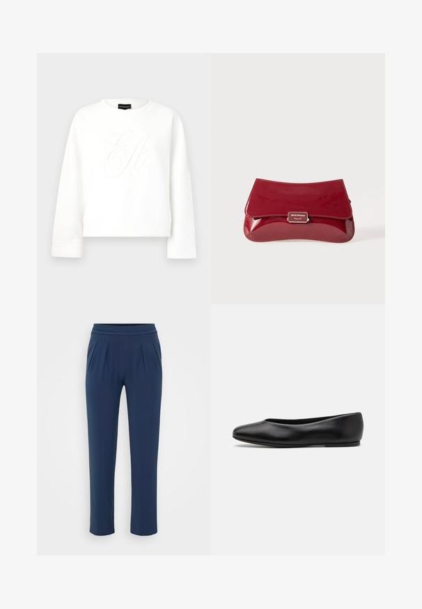 Sweatshirt branco curto em material suave, apresentando um monograma embutido discreto. Gola redonda clássica e mangas longas descontraídas.; Calças azul-marinho de cintura alta com um cós elástico, pernas largas e retas, e bolsos laterais, exibidas contra um fundo simples.; Paul Smith TOPANGA - Sabrinas - black; Clutch em pele vernizada vermelha com um design curvado, aba a dobrar e um detalhe de logótipo em metal numa placa prateada. Textura suave e brilhante.
