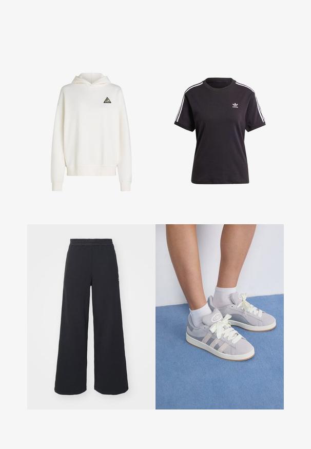 Balta su gobtuvu džemperis, pagamintas iš minkštos medžiagos. Kairėje krūtinės pusėje yra juodas trikampio logotipas su spalvingais akcentais. Su gumo mėgėjais ir apačios kraštu.; Juodas medvilninis trumpa rankovėmis marškinėliai su apvalia iškirpte, su baltais dryžiais ant pečių ir maža balta Adidas logo ant krūtinės.; Juoda plačių kojų sportinė kelnė, pagaminta iš minkštos medžiagos, su elastinga juosmens juosta ir mažu logotipu kairėje pusėje.; Pilki zomšiniai sportbačiai su baltais raišteliais ir guminiais padais, puikuojantys trimis įstrižainėmis juostelėmis šone ir logotipo etikete ant liežuvio.