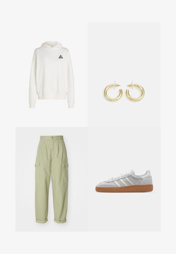 Balts pārvalks ar kapuci, izgatavots no mīksta auduma. Uz kreisā krūts ir melns trīsstūra logo ar krāsainiem akcentiem. Ribināti piedurkņu gali un apakšmala.; Gaiši zaļas kravas bikses, izgatavotas no kokvilnas auduma. Tām ir augsts jostasvieta, sarullētas malas un divi sānu kravas kabatas papildu praktiskumam.; Gai pelēki zamšīgās kedas ar baltām ādas detaļām, trim baltām līnijām un brūnu gumijas zoli, ar mīkstinātu apkakli komforta nodrošināšanai.; Zelta auskari ar gludu, spīdīgu apdari. Apaļš dizains, kas ietver mazu tapu un caurspīdīgu pamatni drošai valkāšanai.