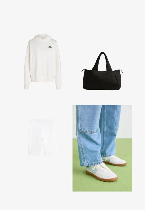 Hvid hættetrøje lavet af blødt stof. Har et sort trekantet logo med farverige accenter på venstre bryst. Ribbede manchetter og kant.; Hvide cykelshorts lavet af strækbart stof, med en elastisk talje og et glat, sømløst design. Længden går til midt på låret.; Hvide sneakers med lyseblå accenter, tekstureret mesh-overdel og tan gummisål, parret med løse lyseblå denimjeans.; Sort tote bag med en puffet tekstur, der har to korte håndtag og en sidelomme, der er sikret med en snor. Enkel, kantet design.