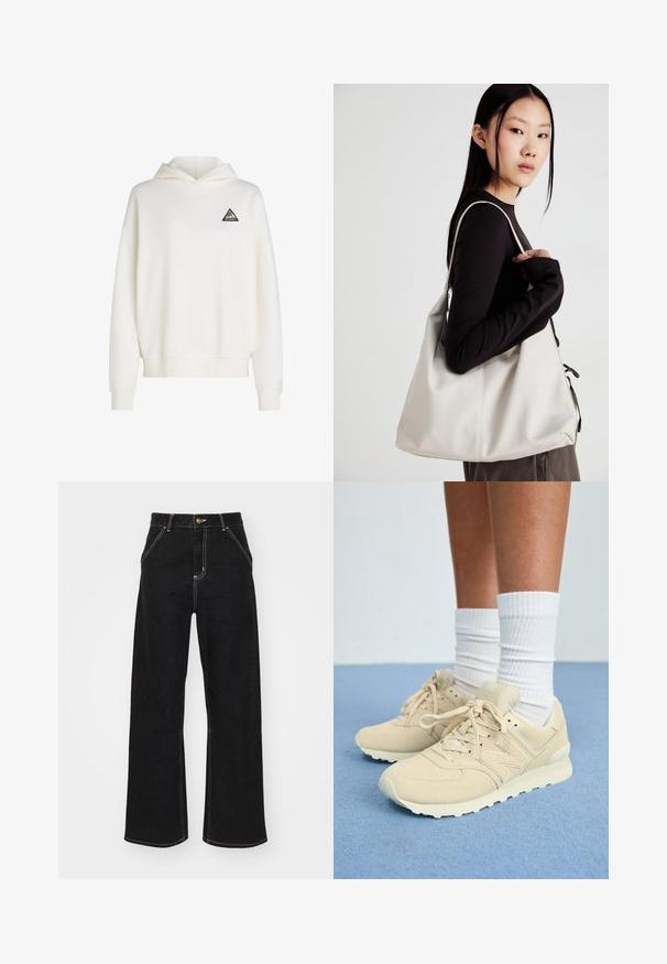 Valge kapuutsiga sweatshirt, mis on valmistatud pehmest kangast. Vasakul rinnal on must kolmnurga logo erksate aktsentidega. Ribidega mansetid ja äär.; Mustmustest mustadest denimist, millel on kontrastsed valged õmblused ja esine nupp, kahe nurga all asuva esipocketiga.; Heledad beezhi spordisaapad, mis on valmistatud seemsist, pehme keele, ümarate varvaste ja tekstuursete tallaga. Kombineeritud valgete ribatud sokkidega.; Bež käekott pehme materjali, millel on lõtv disain, õmblustega detailid ja kaks õlarihma. Sobib igapäevaseks kasutamiseks.