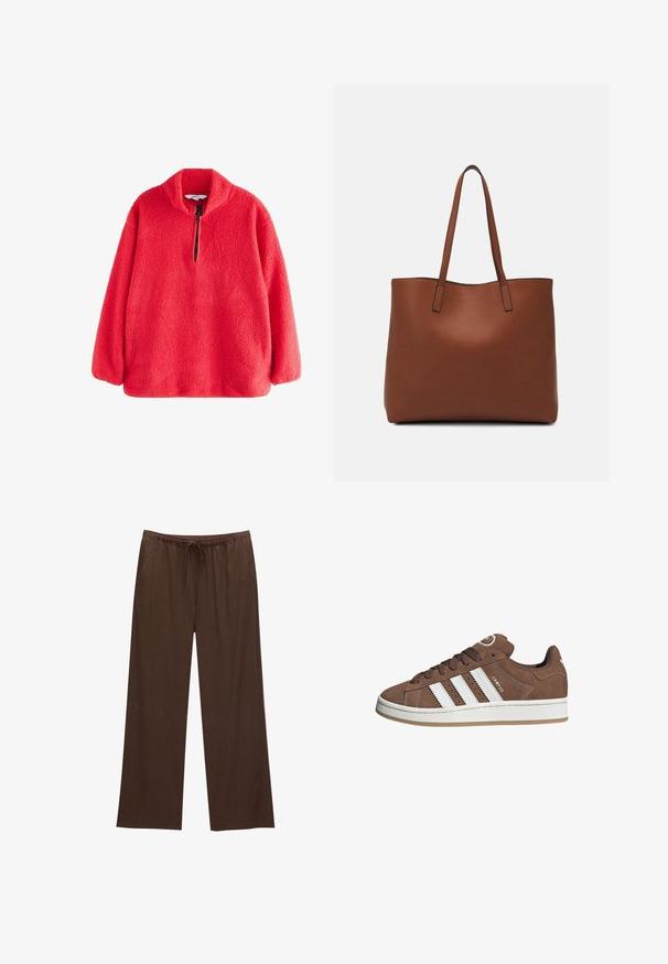Rode fleecetrui met een hoge kraag en een halve rits, met een zachte, gekorrelde oppervlakte. Lange mouwen met een relaxte pasvorm.; Bruine wijde broek gemaakt van zachte stof, met een elastische tailleband en een trekkoord, en twee zijzakken.; Bruine suède sneaker met witte leren strepen, rubberen zool, ronde neus en vetersluiting. Kenmerkt zich door een logo op de tong en geperforeerde accenten.; Bruine leren tote bag met een gladde textuur, een ontwerp met een open bovenkant en twee schouderbanden. Kenmerkt zich door minimale stiksels en geen zichtbare hardware.