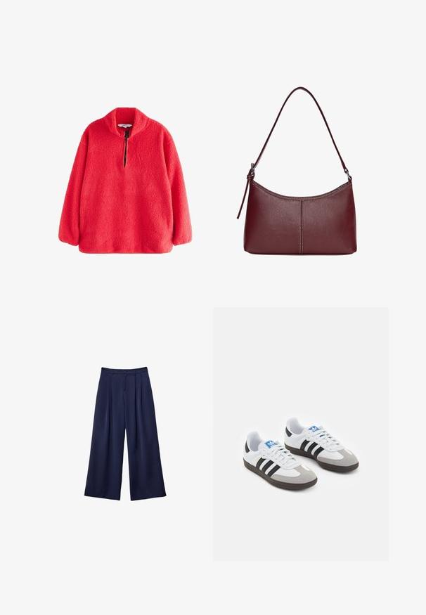 Rød fleece pullover med høj krave og halvlanga lynlås, der har en blød, tekstureret overflade. Lange ærmer med afslappet pasform.; Marineblå brede bukser med plyser, knappet talje og bæltestropper, vist fladt på en hvid baggrund.; Sportsko med en overdel i hvid læder, grå ruskind på tåen og tre sorte striber. Har et blåt logo på tungen og en struktureret gummisål.; Kastanjebrun læderhåndtaske med en buet form, en enkelt skulderrem og syninger i midten. Glat tekstur, minimal hardware.