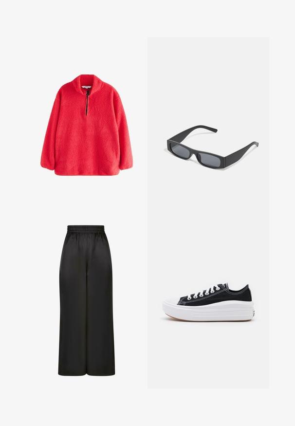 Pullover in pile rosso con collo alto e zip a metà, caratterizzato da una superficie morbida e testurizzata. Maniche lunghe con vestibilità rilassata.; Pantaloni neri a gamba larga realizzati in un tessuto liscio e lucido, con una vita elastica e senza tasche visibili o dettagli in metallo.; Sneaker nere in tela con lacci bianchi, punta in gomma bianca e una suola intermedia bianca e spessa. Presentano cuciture bianche sottili e una suola in gomma.; Occhiali da sole neri rettangolari con lenti scure e montatura spessa opaca. Le asticelle sono leggermente affusolate con una texture liscia.
