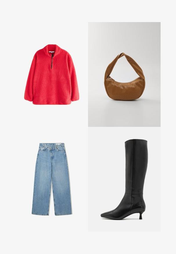 Rød fleece pullover med høj krave og halvlanga lynlås, der har en blød, tekstureret overflade. Lange ærmer med afslappet pasform.; Lyseblå vide denimjeans med høj talje, fem lommer, knaplukning og diskret falmning for tekstur.; Zign Høje støvler/ Støvler - black; Vævet læderhåndtaske i tan, oval form med et tykt flettet håndtag, der har en lynlås lukning og en blank overflade.