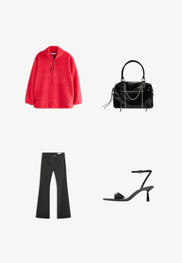 Piros polár pulóver magas gallérral és fél cipzárral, amelynek puha, texturált felszíne van. Hosszú ujjú, laza szabású.; Fekete, sima textúrájú farmer flare nadrág, két hátsó zsebbel és gombos derékkal.; Bershka Magas sarkú szandálok - black; Bershka WITH CHAIN - Kézitáska - black