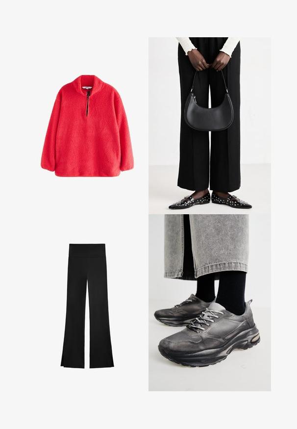 Rode fleecetrui met een hoge kraag en een halve rits, met een zachte, gekorrelde oppervlakte. Lange mouwen met een relaxte pasvorm.; Zwarte broek met een wijd beenontwerp, voorzien van een hoge tailleband en zijsplitten voor gemakkelijke beweging. Gemaakt van een gladde, rekbare stof.; Zwarte en grijze sport schoenen hebben een mesh bovenkant, dikke zolen en veters. Ze hebben een ronde neus en zichtbare dempingsdetails.; Zwarte lederen schoudertas met een ronde vorm, glanzende afwerking en zilverkleurige hardware. Persoon in zwarte wijde broek en gestifte loafers.