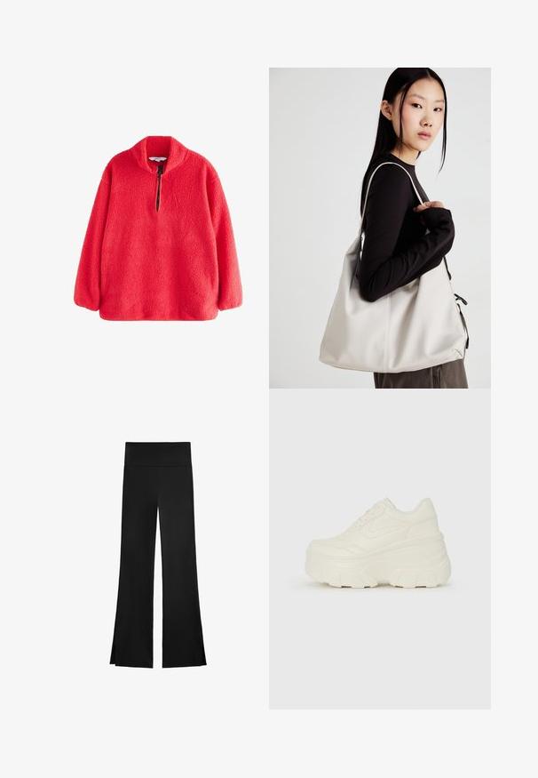 Piros polár pulóver magas gallérral és fél cipzárral, amelynek puha, texturált felszíne van. Hosszú ujjú, laza szabású.; Fekete nadrág, széles szárakkal, magas derékkal és oldalsó hasítékokkal a könnyű mozgás érdekében. Simító, rugalmas anyagból készült.; Fehér platform sportcipők, sima bőrszerű felsőrésszel, kerek formával, párnázott bokával és texturált gumitalppal, jól definiált mintázattal.; Puha anyagból készült bézs kézitáska, laza dizájnnal, varrott részletekkel és két vállpánttal. Mindennapi használatra alkalmas.