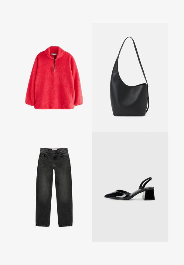 Pulover roșu din fleece cu guler înalt și fermoar pe jumătate, având o suprafață moale și texturată. Mâneci lungi cu o croială relaxată.; Blugi negri din denim cu o croială lejeră, picior drept, design cu cinci buzunare și o textură ușor decolorată. Închidere cu nasture și fermoar în față.; Pantofi cu toc slingback din piele lacuită neagră, cu vârf ascuțit și toc geometric. Prezintă un design elegant, minimalist și o textură netedă.; Geantă hobo din piele neagră, cu o textură netedă, formă curbată și un singur bretele ajustabil; are o deschidere largă în partea de sus.