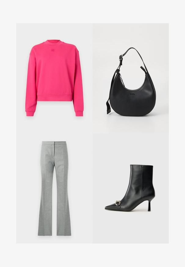 Fuchsiový ružový sveter s vysokým golierom, zníženými plecami a rebrovanými manžetami. Má vyrazené logo "HU 60" na prednej strane.; Sivé rozšírené nohavice s vertikálnymi švami, vyrobené z jemnej, textúrovanej tkaniny. Prednosťou je zúžený pás a hladký povrch.; Čierna kožená členková obuv s špicatou špičkou, štíhlým stredne vysokým podpätkom a striebornou sponou na boku na jednoduchom pozadí.; Čierna kožená taška cez rameno s vyklenutým tvarom, so zipsovým uzáverom a nastaviteľným popruhom. Na prednej strane je vyrazené logo značky.