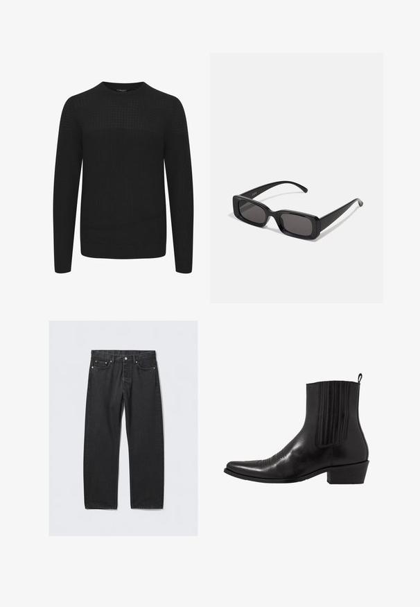 Mustaa neulottua villapaitaa, jossa on pyöreä kaula-aukko, teksturoitu yläpaneeli sekä ribbireunat hihansuissa ja helmoissa. Valmistettu pehmeästä ja lämpimästä kankaasta.; Valkoinen pitkähihaisa nappipusero, joka on valmistettu sileästä kankaasta. Siinä on klassinen kaulus, napitus edessä ja yksinappiset hihansuut. Slim fit -muotoilu.; Mustat denim-farkut suoran lahkeen leikkauksella, joissa on napin sulku, viisi taskua ja kuparinvärisiä yksityiskohtia. Liukas pinta.; Musta nahkasaapas nilkkamalle, jossa on terävä kärki, joustavat sivupaneelit, pystysuorat ompeleet ja matala lohko korko.; Mustat suorakaiteen muotoiset aurinkolasit, joissa tummat linssit, kiiltävä pinta, leveät sangan varret ja massiivinen kehysmuotoilu. Yhden sangansivun kaiverrettu brändinimi.; Bordeaux silkki solmio, kapea muoto, jossa on yhtenäinen rakenne. Varustettu terävällä kärjellä, tasaisella värillä ja sileällä pinnalla.