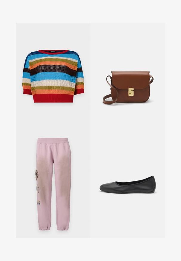 Pull en tricot court multicolore avec des rayures horizontales bleu, orange, vert, marron et rouge, doté d'un col et de poignets côtelés.; T-shirt blanc à manches courtes en tissu côtelé. Col rond, coupe régulière et détails de couture subtils. Aucune motif ni graphique.; Pantalon de survêtement rose avec une taille élastique, présentant des patches décoratifs en forme de diamant sur le côté gauche et des poignets élastiques aux chevilles.; Ballerines en cuir noir avec un bout rond, texture lisse, détails de couture minimalistes et design de semelle flexible.; Sac à main en cuir marron avec une fermeture à rabat, des accents en métal doré, une bandoulière et une texture lisse. Forme rectangulaire compacte.