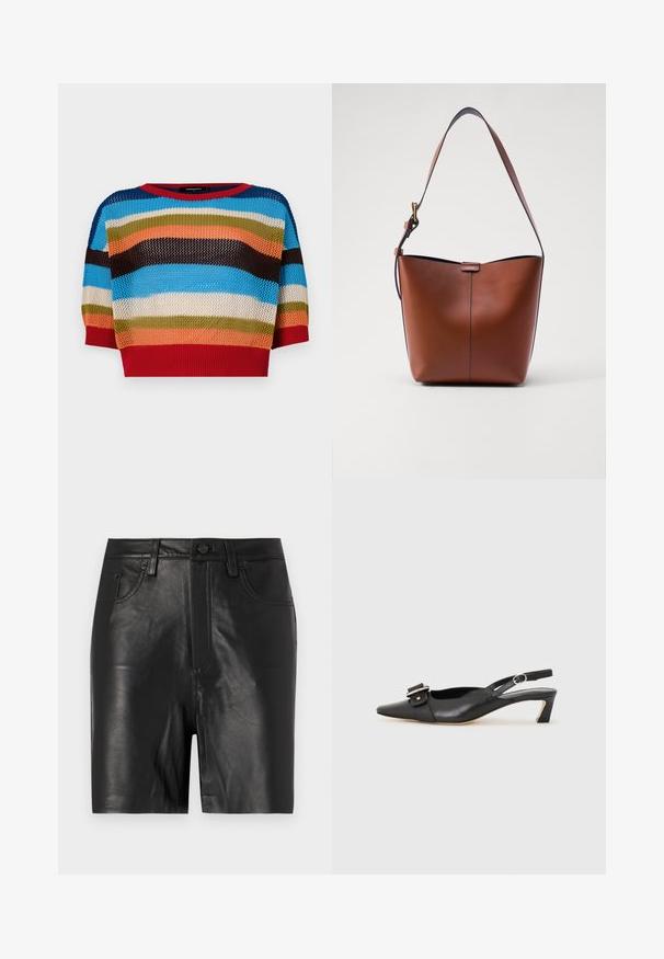 Pull en tricot court multicolore avec des rayures horizontales bleu, orange, vert, marron et rouge, doté d'un col et de poignets côtelés.; Shorts en cuir noir avec une texture lisse, dotés d'une fermeture éclair à l'avant, d'une fermeture à bouton et d'un design classique à cinq poches.; Chaussure slingback en cuir noir avec un bout pointu, un petit talon et un détail de boucle décoratif sur le dessus. Texture lisse, design minimaliste.; Sac à épaule en cuir marron avec une forme courbée, texture lisse et une seule sangle fine. Présente une couture subtile et un petit logo.
