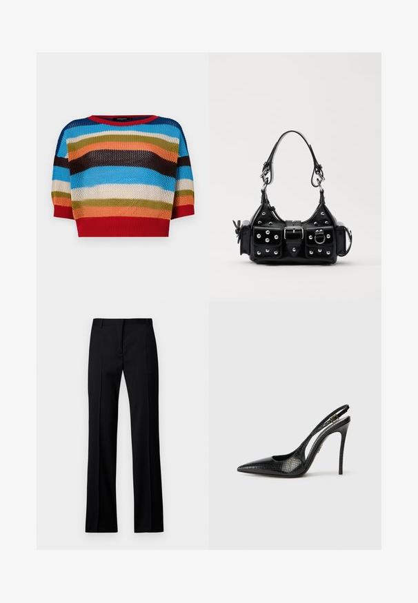 Monivärinen lyhyt neulepusero, jossa on vaakasuorat raidat sinisessä, oranssissa, vihreässä, ruskeassa ja punaisessa. Puserossa on ribbineulekanta ja -hihat.; Mustat suorat housut sileästä kankaasta, jossa on litteät etuosat, vyölenkit ja ei näkyviä taskuja tai koristeita.; Musta slingback-korkokenkä, jossa on terävä kärki, teksturoitu käärmeennahkakuosi, stilettokorko ja koristeellinen solki hihnassa.; Musta nahkainen käsilaukku, jossa on kaareva muotoilu, hopeiset niitit, solki ja kaksi sivutaskua. Säädettävä olkahihna erilaisiin kantovaihtoehtoihin.