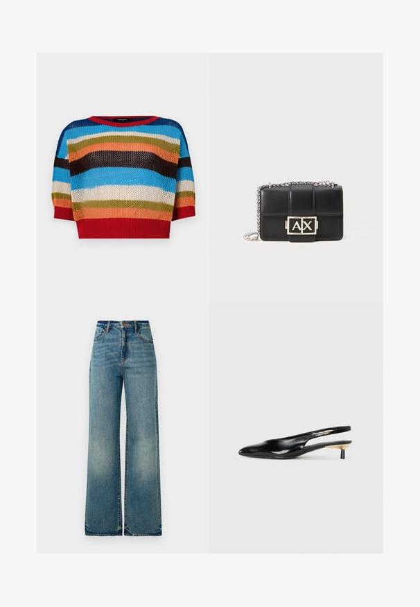 Pullover a maglia cropped multicolore con strisce orizzontali blu, arancione, verde, marrone e rosso, con colletto e polsini a coste.; Jeans in denim azzurro chiaro a gamba larga presentano un alto punto vita, cinque tasche e orli leggermente sfilacciati, evidenziando una finitura testurizzata e scolorita.; Pump slingback neri con punta affusolata, finitura in pelle lucida e tacco piccolo con accento dorato. Design elegante con schienale aperto.; Borsa a tracolla in pelle nera con design trapuntato, tracolla in catena argentata e un prominente logo argentato "AX" sulla parte anteriore. Forma rettangolare compatta.