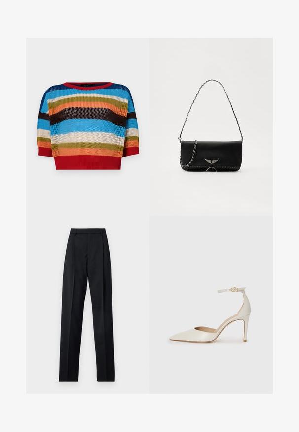 Mehrfarbiger, kürzer geschnittene Strickpullover mit horizontalen Streifen in Blau, Orange, Grün, Braun und Rot, ausgestattet mit einem gerippten Halsausschnitt und Bündchen.; Schwarze Hosen aus glattem Stoff mit hoher Taille, weitem Bein, vorderen Falten und klassischen Gürtelschlaufen. Keine sichtbaren Seitentaschen.; Weiße Leder-Pumps mit spitz zulaufender Zehe, Knöchelriemen und schlanker Stiletto-Absatz. Glatte Oberfläche mit dezent glänzendem Finish.; Schwarze Lederhandtasche mit einem silbernen Kettenriemen, verziert mit dekorativen Flügelakzenten und weißen Nähten entlang der unteren Naht.