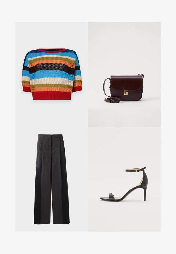 Többszínű, rövidített kötött pulóver, vízszintes csíkokkal kékkel, narancssárgával, zölddel, barnával és vörössel, bordázott nyakkal és mandzsettákkal.; Fekete, bő szárú nadrág magas derékkal, elöl plissékkel, sima felülettel és igényes kidolgozással. Kényelmes viseletre tervezve.; Fekete bőr magassarkú szandál bokapánttal. Simább textúrájú, nyitott orrú és vékony sarkú. Arany színű csat részlet.; Barna bőr táska, hajtással zárva, arany színű részletekkel és állítható pánttal. Simább textúrával és karcsú, téglalap alakú formával rendelkezik.