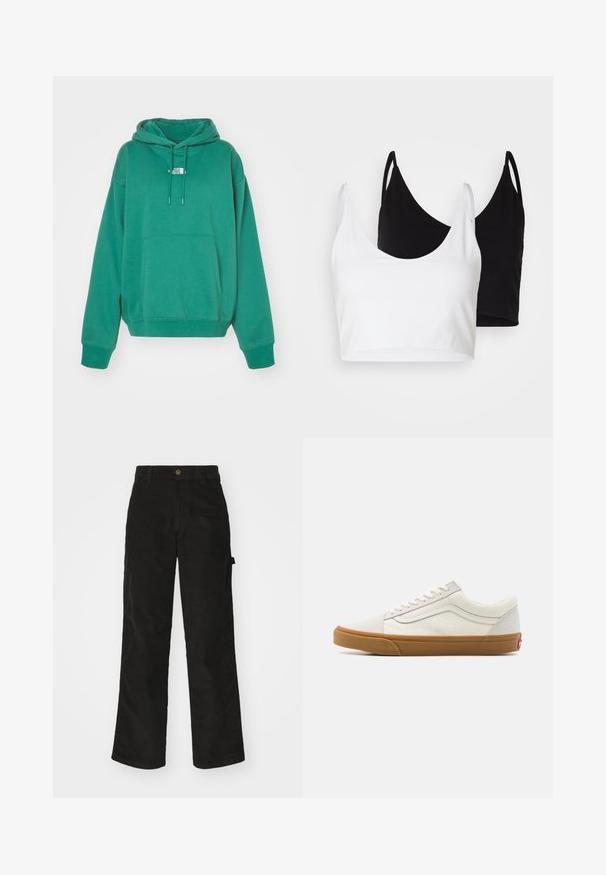 The North Face ESSENTIAL OVERSIZED HOODIE - Mikina s kapucňou - evergreen; Dve bavlnené crop tops v bielej a čiernej farbe. Každý má hlboký výstrih a tenké ramienka, s hladkou, jemnou textúrou.; Čierne kordurové nohavice s rovným strihom, ktoré majú zapínanie na gombík a bočné vrecko. Hladká textura s jemnými vertikálnymi pruhmi.; Biele plátenné nízke tenisky s gumovou podrážkou, okrúhlou špičkou, šnurovaním a bočnými koženými pruhmi.