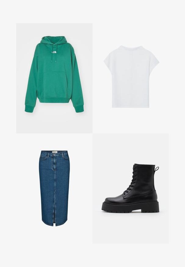 The North Face ESSENTIAL OVERSIZED HOODIE - Bluză de molton - evergreen; Top alb cu maneci scurte, cu un croi lejer, dintr-un material ușor și cu decolteu rotund. Vederea din spate arată un design simplu și neted.; Fustă tip creion din denim de culoare albastru închis, cu o fanta frontală, cinci buzunare și cusături contrastante. Talie medie cu un design clasic.; Botine din piele neagră, până la gleznă, cu vârful rotund, șireturi în față și o talpă groasă din cauciuc cu un model texturat. Fâșie de tragere la spate.