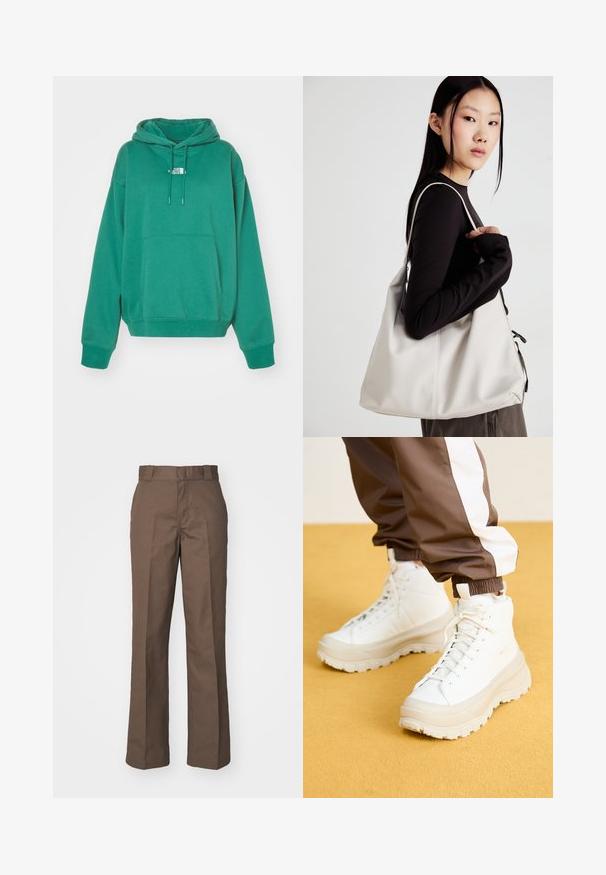 The North Face ESSENTIAL OVERSIZED HOODIE - Camisola - evergreen; Calças de algodão castanhas com um design de perna reta, apresentando um frente plana e passantes para cinto. Textura suave, sem padrões ou detalhes visíveis.; Ténis brancos de cano alto com uma sola grossa e texturizada, apresentando um cabedal liso, bico redondo e atacadores tonalizados, sobre um fundo amarelo.; Uma bolsa bege feita de material macio, com um design descontraído, detalhes de costura e duas alças para o ombro. Adequada para uso diário.