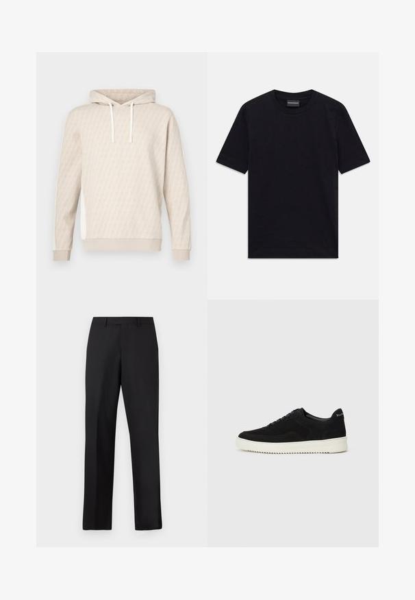 Bézs kapucnis pulóver finom geometriai mintával, húzózsinóros kapucnival, bordázott mandzsettákkal és oldalpanelekkel. Puha tapintású, laza, hétköznapi stílusú fazon.; Fekete, rövid ujjú, kereknyakú póló finom, dombornyomott mintával és márkacímkével a gallér belső oldalán, fehér háttérre lefektetve.; Fekete, egyenes szárú nadrág sima anyagból. Standard derékpánttal rendelkezik, és nincsenek látható minták vagy díszítések.; Fekete velúr sportcipő fűzős dizájnnal és kontrasztos fehér gumitalppal. Jellemzői a textúrázott oldalpanelek és a diszkrét logó a sarokon.