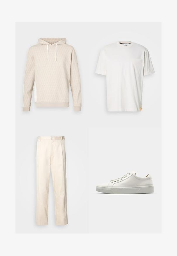 Bēša džemperis ar kapuci un smalku ģeometrisku rakstu, ar aukliņu kapucē, ribveida aprocēm un sānu paneļiem. Mīksta tekstūra, ikdienišķs dizains.; Balts kokvilnas T-krekls ar apaļu kakla izgriezumu, īsām piedurknēm un kreisajā krūtī esošu kabatiņu. Tam ir neliels logo uz etiķetes sānu šuvē.; Bežā krāsā auduma bikses ar taisnu kāju griezumu, pievienotām pogu aizdares un priekšējiem krokām papildu detaļām.; Bālā ādas sporta apavi ar noapaļotu purngala formu, minimālisma dizains, pelēkās šņores un teksturēta pelēka gumijas zole. Redzami smalki dūriena detalizējumi.