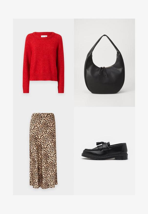 Pulover tricotat roșu cu guler rotund, având mâneci lungi și manșete dintr-un material canalat. Materialul pare moale și texturat, având o croială ușor largă.; Fustă lungă cu imprimeu de leopard, realizată dintr-un material neted. Bază bej cu pete negre și maronii. Design evazat cu un tiv drept.; Mocasini din piele neagră, cu un accent cu franjuri, detalii cusute pe margine și o talpă groasă din cauciuc pentru durabilitate.; Geantă hobo din piele neagră, cu o formă moale și curbată. Dispune de un fermoar în partea de sus și o mână scurtă, rotunjită. Textură netedă.