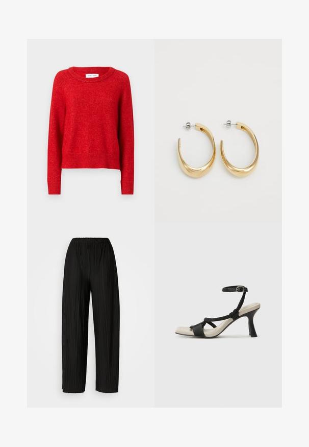 Roter Strickpullover mit Rundhalsausschnitt, ausgestattet mit langen Ärmeln und gerippten Bündchen. Das Material wirkt weich und strukturiert mit einem leicht lässigen Schnitt.; Schwarze, plissierte, weite Hosen mit einem elastischen Bund. Der Stoff hat vertikale Falten und eine glatte Textur.; Schwarze Absatzsandale mit geflochtenem Riemendesign, quadratischer Spitze und verstellbarem Knöchelriemen. Helle beigefarbene Sohle mit glänzendem schwarzen Absatz.; Goldfarbene Creolen mit einem glatten, geschwungenen Design. Aus Metall gefertigt, mit einer eleganten Oberfläche und einem Steckverschluss.