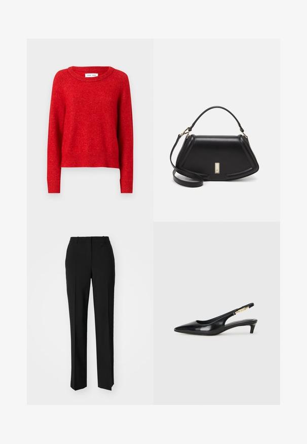 Piros kötött pulóver, kerek nyakkivágással, hosszú ujjakkal és bordás mandzsettával. Az anyag lágy és textúrált, enyhén laza fazonú.; Fekete, testhezálló nadrág egyenes szárú kivitelben, sima textúrával és éles redőkkel az elején. Nincs látható fémalkatrész.; Fekete bőr slingback magassarkúk, hegyes orral, vékony sarkakkal és arany színű részlettel a állítható pánton. Simа felület.; Fekete bőr kézitáska, strukturált dizájnnal, rövidített formával, felső fogantyúval és arany színű kiegészítőkkel. Állítható vállpánt is tartozik hozzá.
