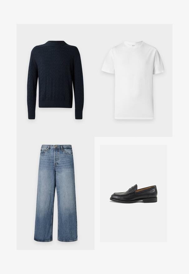 Donkerblauwe gebreide trui met een textuur in golfpatroon, geribde halslijn en manchetten. Aansluitend ontwerp met lange mouwen en een klassieke vorm.; Witte T-shirt met korte mouwen van zacht katoen. Heeft een ronde halslijn en een rechte zoom met minimale details.; Wijde blauwe denim jeans met een vervaagde was, vijf zakken en een knoopsluiting. Voorzien van riemlussen en gestikte details.; Zwarte leren loafers met een gladde afwerking, ronde neus en decoratieve stiksels op de wreef. Lage gestapelde hak en een lichte glans.