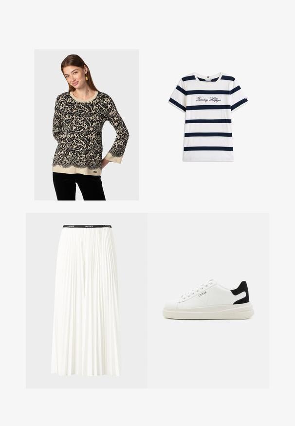 Beiger Strickpullover mit aufwendigem schwarzem Paisleymuster, Rundhalsausschnitt und langen Ärmeln. Verfügt über einen gewellten Saum und ein Etikett am unteren Rand.; Baumwoll-T-Shirt mit horizontalen navy-blauen Streifen auf weißem Hintergrund. "Tommy Hilfiger" in Kursivschrift auf der Brust gestickt. Runder Halsausschnitt.; Faltenrock aus Weiß mit einem schwarzen elastischen Bund, der das "LACOSTE"-Logo trägt. Mittellanges Design mit weicher Textur.; Weiße Leder-Sneaker mit einer dicken weißen Sohle, schwarzem Wildlederakzent an der Ferse und geprägtem Logo an der Seite. Schnürdesign mit sechs Ösen.