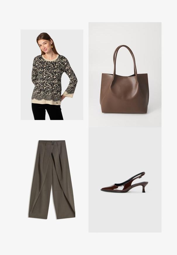 Maglione lavorato a maglia in beige con un intricato motivo paisley nero, scollatura rotonda e maniche lunghe. Presenta un orlo scallop e un'etichetta nella parte inferiore.; Pantaloni a gamba larga realizzati in un tessuto testurizzato grigio scuro. Presentano una piega frontale, chiusura con bottone e tasche laterali per praticità.; Scarpa slingback in pelle verniciata marrone con punta affusolata e tacco moderato. Presenta una fascia con fibbia per una calzata sicura. Tessuto liscio.; Borsa tote in pelle marrone con due manici lunghi, forma strutturata, superficie liscia e design minimalista. Nessun hardware o accento visibile.