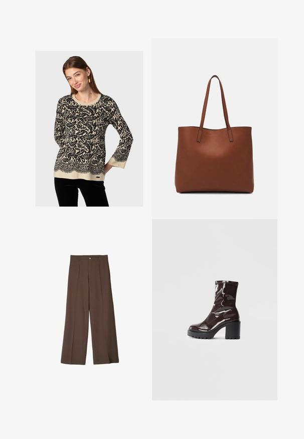 Maglione lavorato a maglia in beige con un intricato motivo paisley nero, scollatura rotonda e maniche lunghe. Presenta un orlo scallop e un'etichetta nella parte inferiore.; Pantaloni marroni a gamba larga realizzati in tessuto strutturato, con piega frontale e chiusura con un singolo bottone in vita.; Stivale alla caviglia bordeaux lucido con un tacco spesso nero, caratterizzato da una superficie liscia e un design semplice. Nessuna chiusura visibile o motivo.; Borsa tote in pelle marrone con texture liscia, design con apertura superiore e due spallacci. Presenta cuciture minime e nessun hardware visibile.