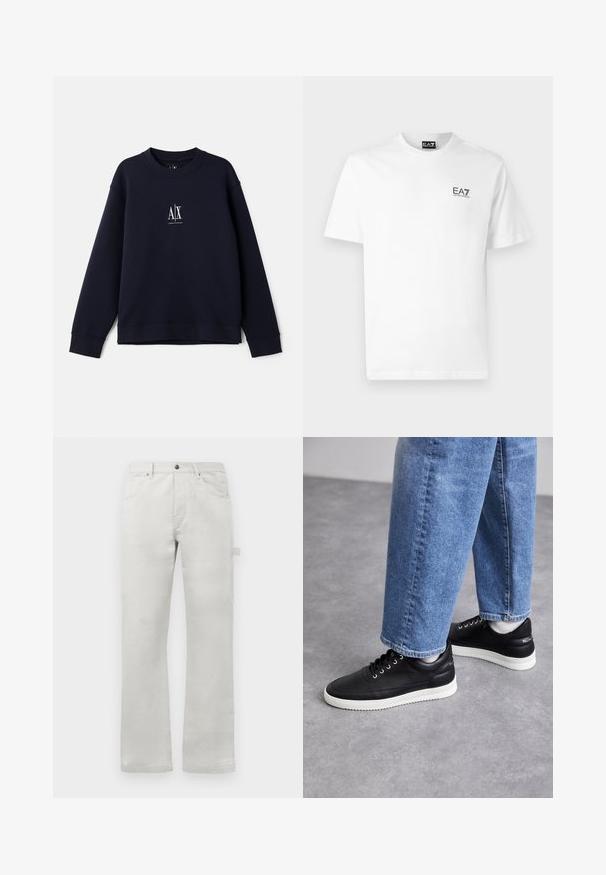 Felpa blu navy realizzata in morbido cotone, con scollatura rotonda, maniche lunghe e un piccolo logo bianco sul petto.; T-shirt bianco in cotone con scollo rotondo, maniche corte e logo EA7 nero sul lato sinistro del petto. Tessuto liscio e semplice.; Pantaloni grigi chiari con vestibilità dritta, realizzati in cotone liscio, dotati di tasche frontali e una tasca cargo laterale.; Sneakers in pelle nera con suole in gomma bianca, dotati di lacci rotondi, superficie liscia e un sottile marchio sul tallone. Indossati con jeans blu.