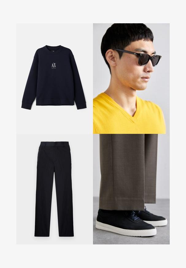 Mornarsko modra trenirka iz mehkega bombaža z okruglim izrezom, dolgimi rokavi in majhnim belim logotipom na prsih.; Črne hlače iz lahke, teksturirane tkanine, ravne noge, elastičen pas in stranski žepki na zadrgo.; Črne nubuk teniske z belimi gumijastimi podplati, ki imajo zaobljen nos in vezalke, oblečene z sivimi krojenimi hlačami.; Sončna očala z črnimi okvirji in temnimi lečami. Opazne podrobnosti vključujejo majhne zlate akcenti na vpetjih in pravokotno obliko.