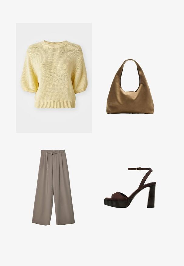 Rumena pletena majica z okroglim izrezom, kratkimi napihnjenimi rokavi in ribasto obrobo. Tekstura je ohlapno pletena, kar daje ležeren videz.; Široke hlače iz mehke, umirjene sive tkanine, z pasom, ki ga je mogoče zavezati, in z gubami za dodatne oblikovne podrobnosti. Gladka tekstura, brez vzorcev.; Rjave semiš sandale z visoko peto, odprto spredaj, z nastavljivim gležnjenjem in črtastim podplatom.; Brahna torba preko rame iz rjave tkanine s širokim, zaobljenim tijelom i velikim izrezanim ručkom. Meka tekstura, minimalistički dizajn i bez vidljivih metalnih dijelova.
