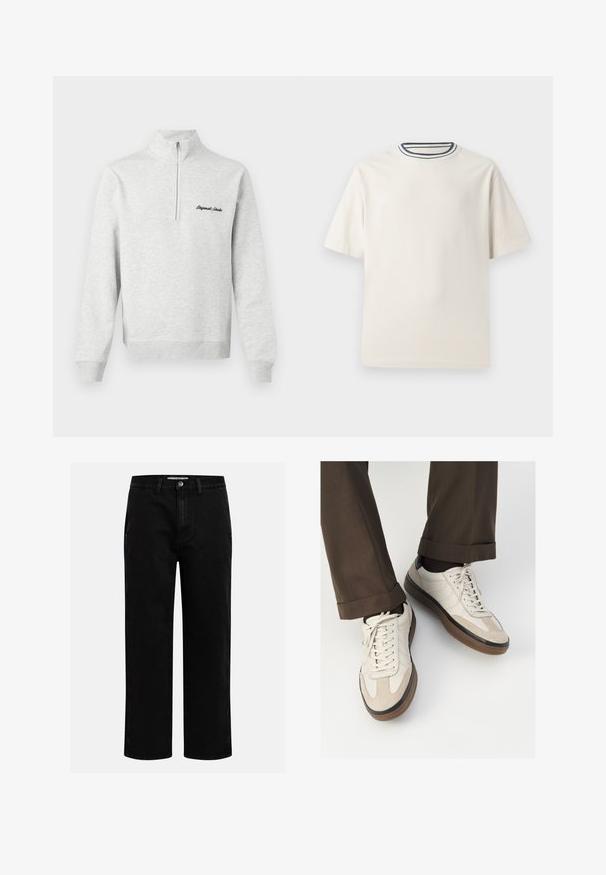 Helehall hallitus nagu poolrihmaga kaelus ja kinnitus, millel on mustalt brodüüritud "Original Studio" ees, esitatud valge tausta ees.; Kreemivärvi puuvillane T-särk lühikeste varrukatega, ümmarguse kaeluse ja mereteemalise sinise ja valge triibuga. Sile tekstuur, mugav lõike.; Mustad denim püksid sirge jala kujundiga, klassikaline viie tasku disain ja nööbid kinniuisutamisel. Sile tekstuur ja vastupidav kangas.; Bežid spordijalised, millel on tekstuuriga suede esiosa, siledast nahast küljed ja pruun kummitald. Lisatud on paelad ja heledad õmbluse detailid.