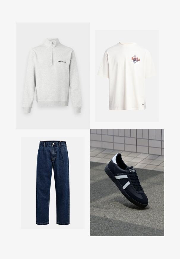 Světle šedá mikina s polo zipem a výšivkou "Original Studio" v černé barvě na přední straně, vystavená na bílém pozadí.; Krémové bavlněné tričko s krátkými rukávy a kulatým výstřihem. Obsahuje grafický potisk v modré a červené barvě s textem a motivem.; Tmavě modré džíny s rovnými nohavicemi. Mají viditelné švy, zapínání na knoflík a přední záhyby pro zvýraznění detailu.; Černé kožené tenisky s bílými pruhy, texturovanou gumovou podrážkou a šněrováním vpředu. Obsahují značenou etiketu na jazyku.