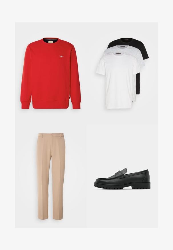 Rød hettegenser med lange ermer, rund hals og ribbestrikkede mansjetter. Har en liten logo på brystet. Laget av et glatt, blandet stoff.; Tre crew neck t-skjorter i hvit, lys grå og svart. Laget av myk bomull, med korte ermer og en avslappet passform.; Beige bukser laget av et glatt stoff, med rett ben-design, frontknapp-lukking og subtile bretter langs fronten.; Sorte lærloafere med rund tå, med en syddesign, lav plattformsåle og en teksturert, ruggede gummisåle.